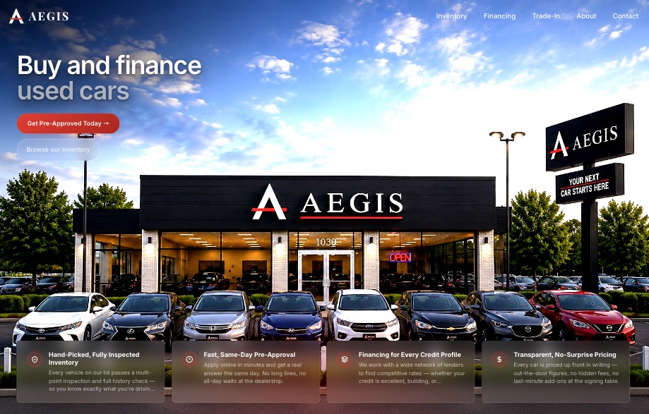 Aegis Auto paint protection studio website hero with a red sports car